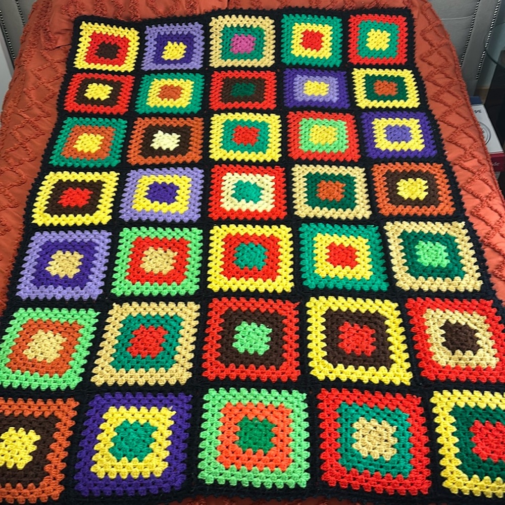 Granny Square Afghan-Blanket - Vintage Handmade.